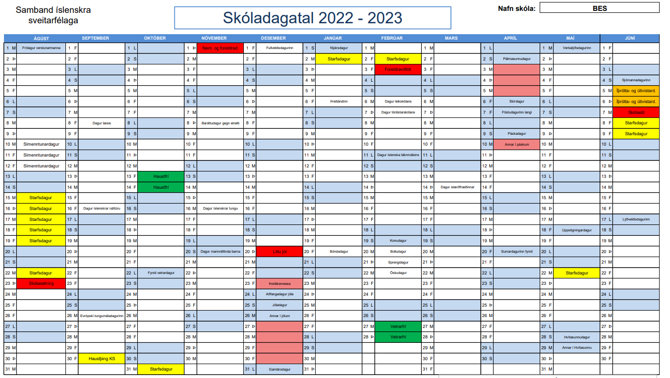 Skóladagatal 2022-2023 komið á heimasíðu BES – Barnaskólinn á Eyrarbakka og  Stokkseyri